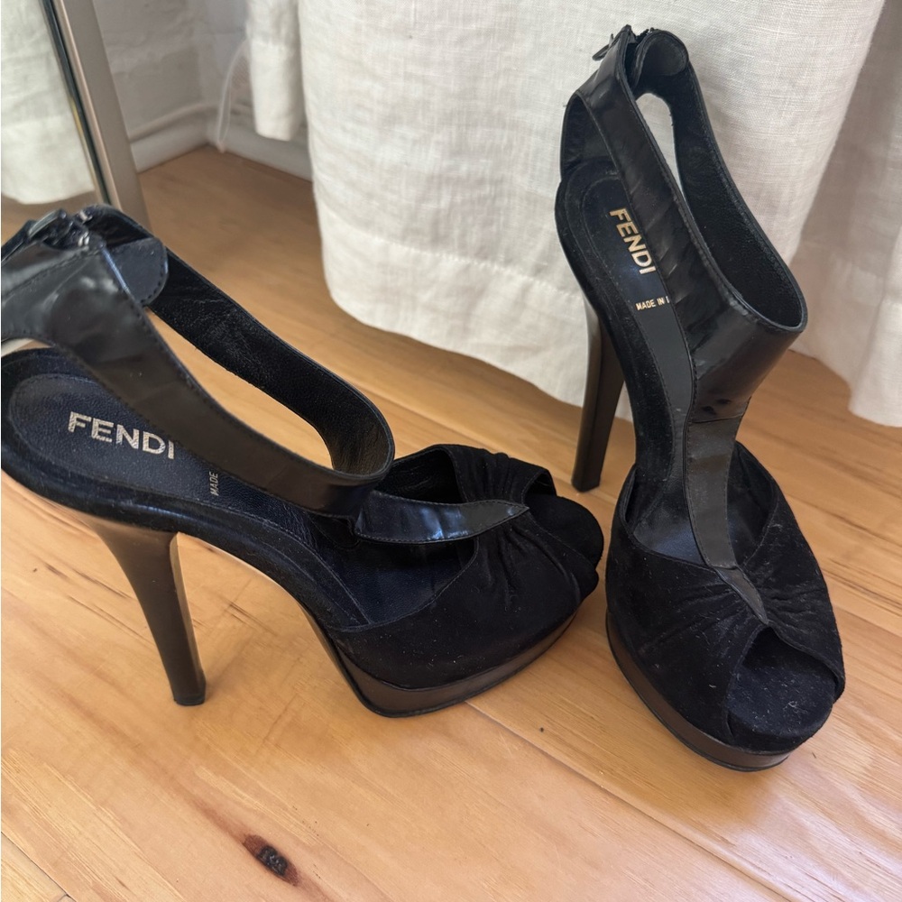Fendi Black stacked platform peep toe heel
